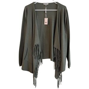 Vila Milano Sagewood Fringe Open Front Cardigan Pockets Boho Fringe Size M NWT
